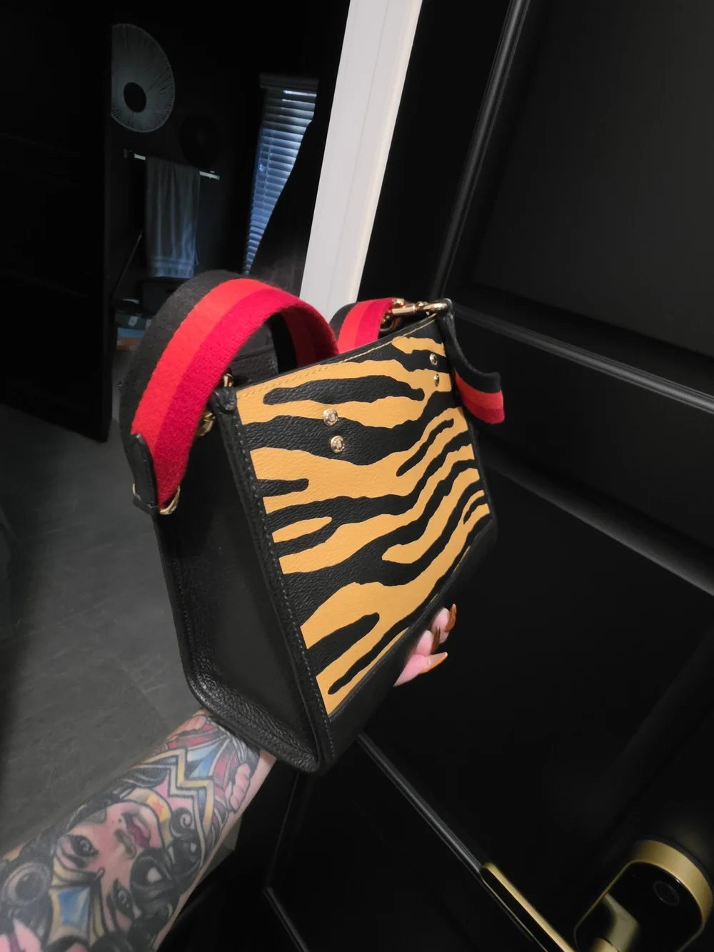Coach Tiger Stripe Leather Crossbody in Black & Tan with Red Strap Accents